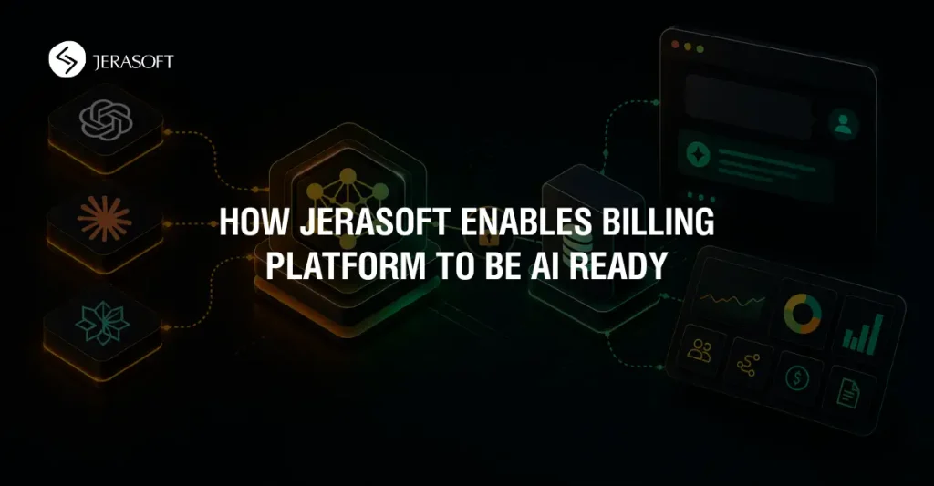 Dark futuristic illustration showing AI assistants connected to a telecom billing platform through MCP integration with glowing orange and green data flows, dashboards, and secure system architecture.