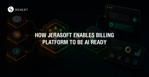 Dark futuristic illustration showing AI assistants connected to a telecom billing platform through MCP integration with glowing orange and green data flows, dashboards, and secure system architecture.
