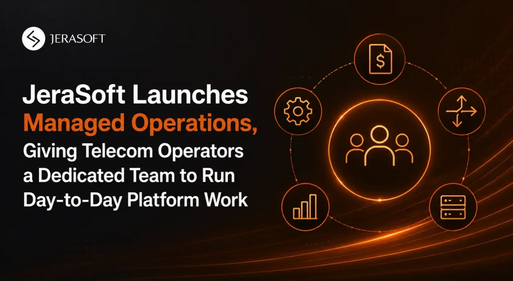JeraSoft Managed Operations for telecom operators with connected icons representing billing, configuration, routing, analytics, and platform operations.
