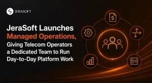 JeraSoft Managed Operations for telecom operators with connected icons representing billing, configuration, routing, analytics, and platform operations.